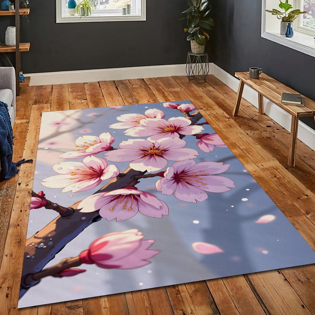 Pink Japanese Rug Japanese Cherry Blossom Rug Pink Sakura Flower Pattern Carpet for Zen ...