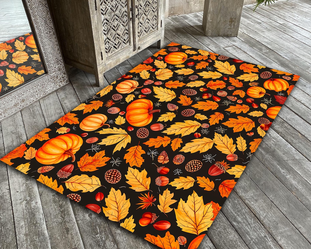 Pumpkin Rug With Autumn Leaves Rustic Fall Carpet for Cozy Farmhouse ...