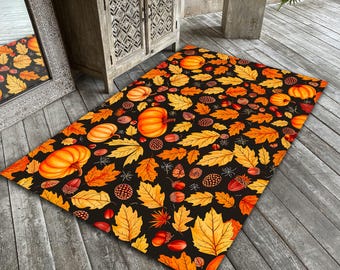 Pumpkin Rug with Autumn Leaves Rustic Fall Carpet for Cozy Farmhouse Seasonal Decor