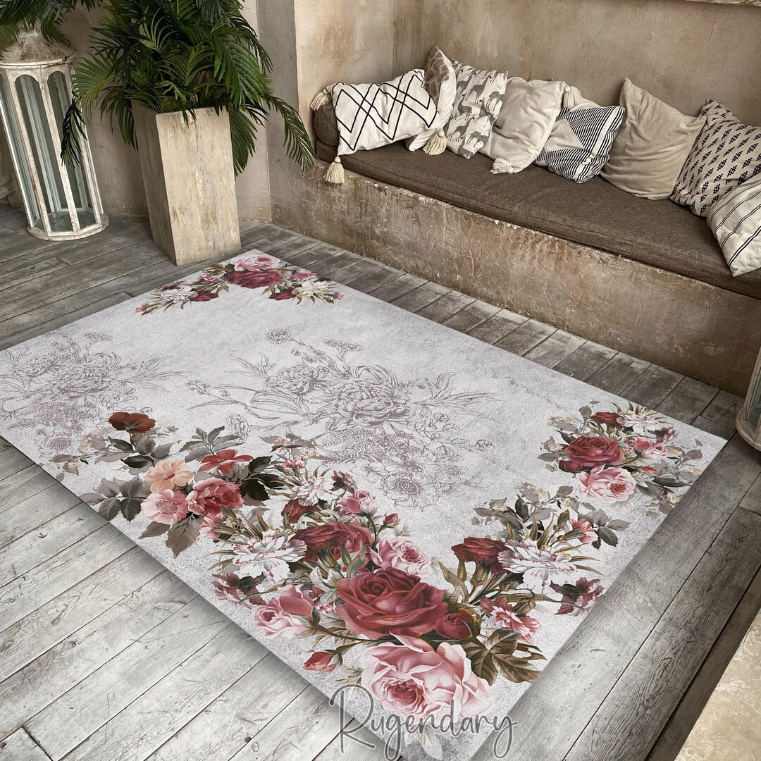 Floral Area Rug, Living Room Accent, Rose Motif Carpet, Modern Kitchen ...