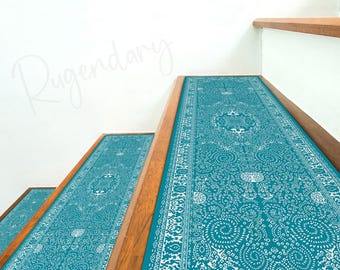 Blue Boho Stair Tread Rug: Oriental Step Mat, Nonslip Backing (9x29.5 inches)