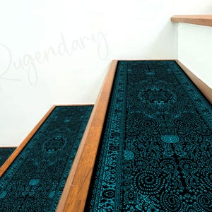 Boho Style Black and Blue Color Stair Rug, Cool Stair Tread Carpet, Oriental Stair Mat, Nonslip Backing Modern Step Rug, Aesthetic Step Mat