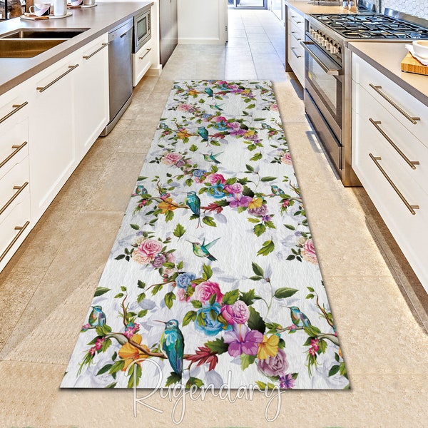 Humming Bird with Roses Rug, Peony Carpet, Kitchen Boho Runner Rug, Hallway Carpet, Bohemian Decor