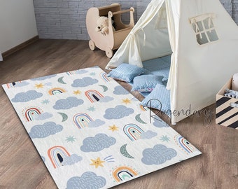 Cute Cloud Rainbow Themed Nursery Rug, Moon and Sky Printed Kids Room Carpet, Custom Baby Mat, Baby Shower Decor Gift