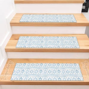 Blue and White Color Bohemian Style Stair Rug, Scandinavian Stair Treads Carpet, Tribal Motif Step Rug, Boho Stair Mat