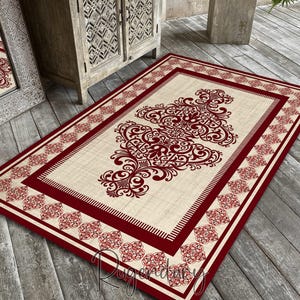 Compass Medallion Rug, Red Bordered Carpet, Yacht Mat, Luxury Home Decor, Nonslip Rug, Christmas Gift