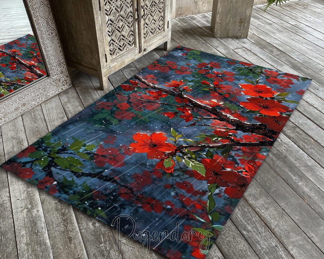 Red Blossom Rug: Rainy Garden Floral Carpet Living Room Decor - Etsy