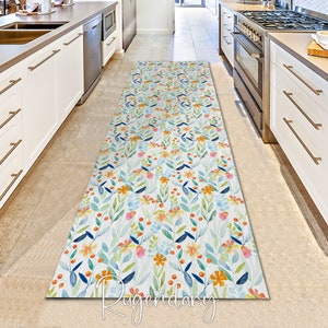 Pastel Color Botanical Runner Rug for Kitchen, Hallway Carpet, Machine Washable Soft Rug, Floral Boho Decor