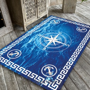 Nautical And Compass Rug, Anchor Motif Carpet, Ocean Decor, Yacht Mat, Sea Rug