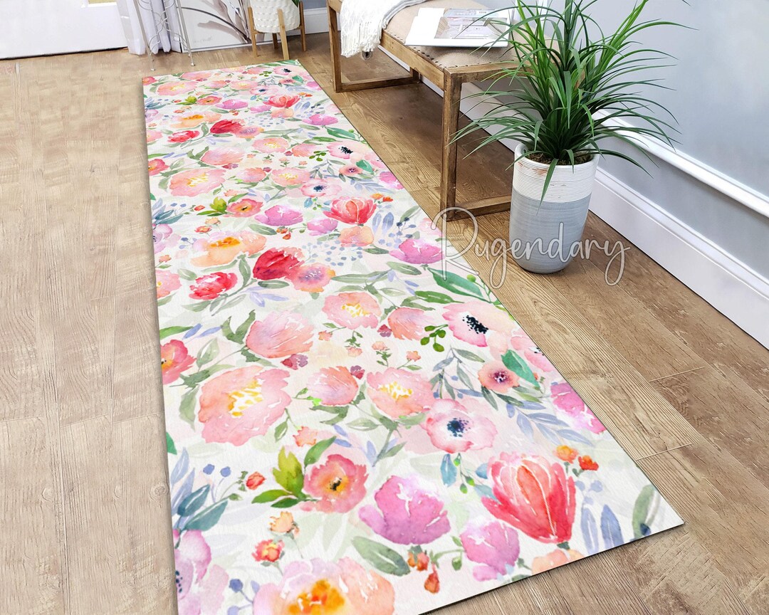 Watercolor Flower Pattern Boho Rug, Colorful Runner Rug for Kitchen ...