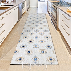 Evil Eye Themed Hallway Runner Rug, Line Art Carpet, Hamsa Eye Rug, Boho Kitchen Runner Rug, Witchcraft Home Decor, Blue, White, Golden Eye
