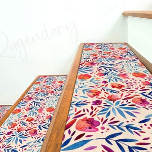 Floral Pattern Stair Rug, Stair Treads Carpet, Non-slip Backing, Thick, Stair Step, Flower Patterned Rug, Designer Stair Tread
