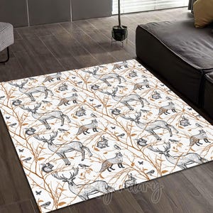 Teppich mit Waldtiermotiv: Hirsch, Fuchs, Hase, Eichhörnchen, rutschfeste Fußmatte Bild 3