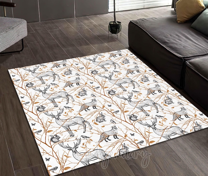 Teppich mit Waldtiermotiv: Hirsch, Fuchs, Hase, Eichhörnchen, rutschfeste Fußmatte Bild 3