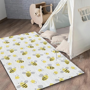 Cute Bee Pattern Children Room Custom Rug, Kids Room Carpet, Ultra Soft Nursery Play Mat, Baby Shower Gift