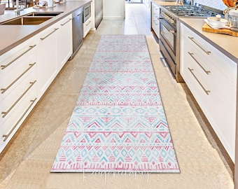 Boho-Läufer: Pastellfarbener, geometrischer Küchenteppich im Ethno-Stil