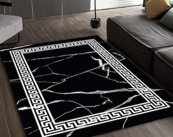 Black Marble Rug: Greek Key Border, Modern Living Room Decor