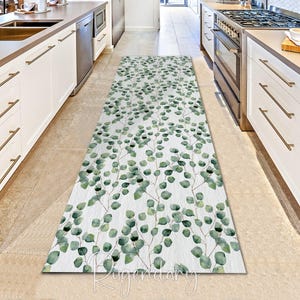 Eucalyptus Leaf Pattern Green Runner Rug, Kitchen Boho Carpet, Bohemian Floral Decor, Scandinavian Rug, Hallway Runner Rug
