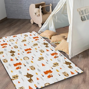 Linda alfombra de zorro y mapache para bebé, alfombra de animales de dibujos animados, alfombra suave antideslizante lavable para habitación de niños, decoración de habitación de bebé, alfombra encantadora para guardería