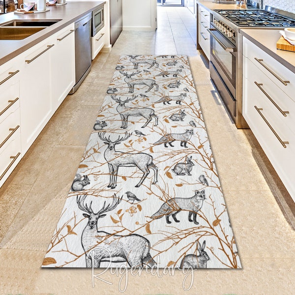 Forest Animal Pattern Runner Rug, Deer, Fox, Hare, Squirrel Theme Nonslip Abstract Rug, Jungle Carpet, Hallway Runner Rug, Kitchen Mat