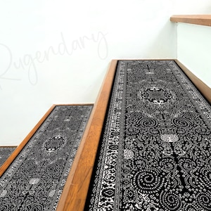 Black and White Boho Style Stair Rug, Cool Stair Tread Carpet, Scandinavian Stair Mat, Nonslip Backing Modern Step Rug, Aesthetic Step Mat