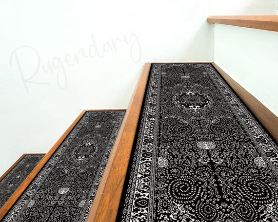 Black and White Boho Stair Rug: Non-Slip Scandinavian Step Mat