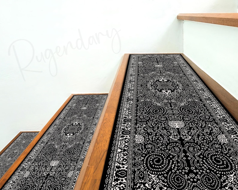 Black and White Boho Stair Rug: Non-Slip Scandinavian Step Mat image 1