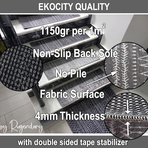 The image is an advertisement for a non-slip back sole rug, highlighting its features such as the non-slip back sole, no pile, fabric surface, and 4mm thickness. The ad also mentions that the rug is available with a double sided tape stabilizer.