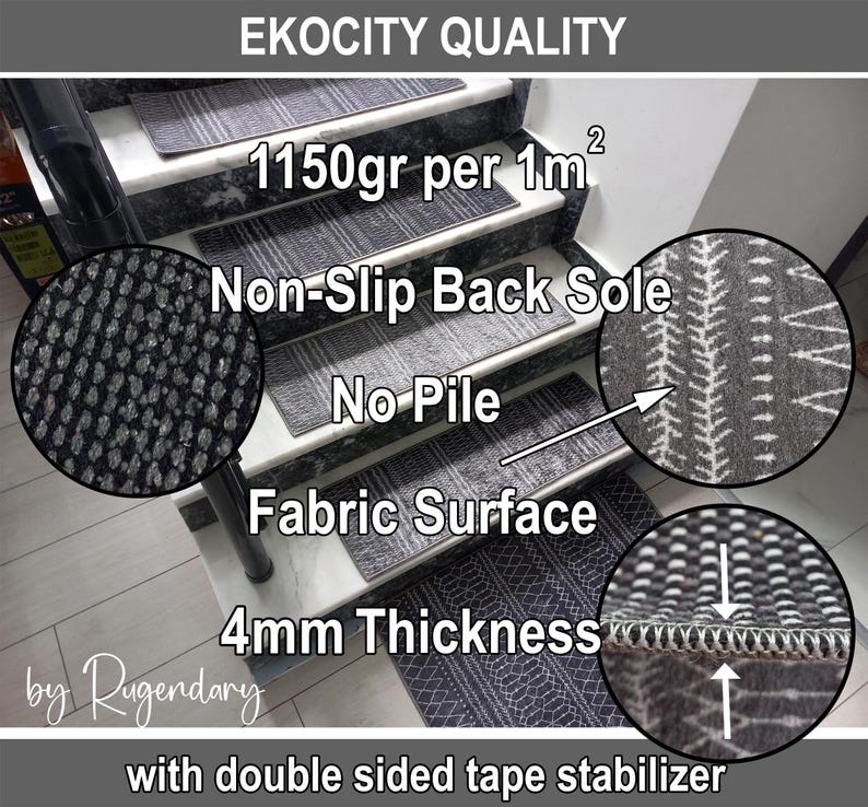 The image is an advertisement for a non-slip back sole rug, highlighting its features such as the non-slip back sole, no pile, fabric surface, and 4mm thickness. The ad also mentions that the rug is available with a double sided tape stabilizer.