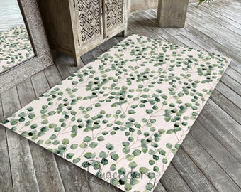 Watercolor Green Eucalyptus Leaves Themed Floral Area Rug, Botanic Decor, Non-slip Machine Washable Carpet