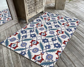 Turkish Motif Printed Rug, Living Room Carpet, Home Decor, Oriental Mat, Kitchen Area Mat