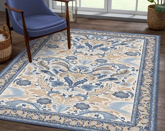 Turkish Floral Rug Blue Modern Oriental Kitchen Carpet