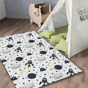 Scandinavian Style Space Rug, Cool Children’s Room Carpet, Rocket, Moon, Planets, Stars Themed Soft Plush Mat, Baby Room Carpet, Nursery Mat