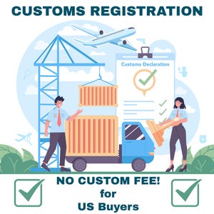 The image is a promotional poster for customs registration, featuring a man and a woman working on a customs declaration form. The text on the poster announces that there are no customs fees for US buyers.