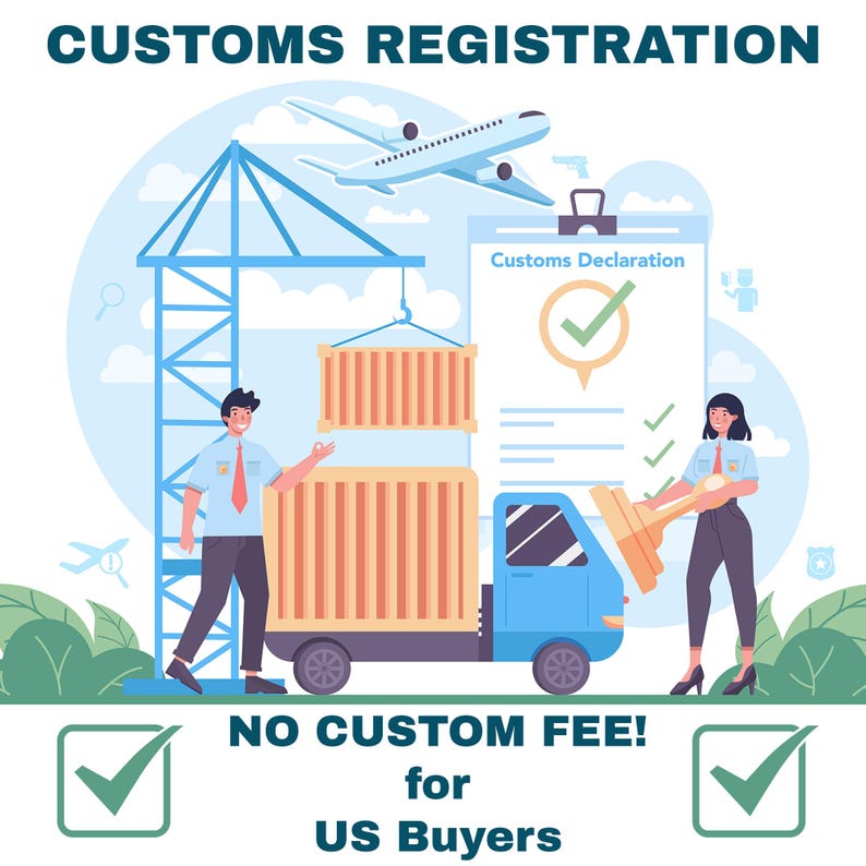 The image is a promotional poster for customs registration, featuring a man and a woman working on a customs declaration form. The text on the poster announces that there are no customs fees for US buyers.