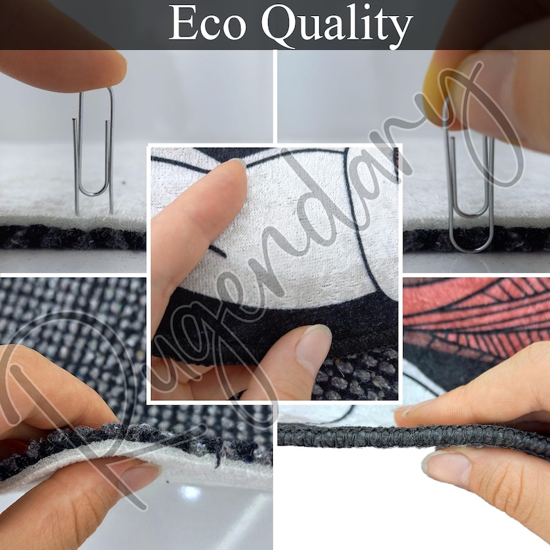 The image is a collage of five photos showing hands holding and interacting with various objects, including a paper clip, a piece of fabric, and a black and white patterned fabric.