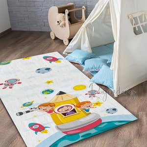 Space Themed Very Soft Cute Nursery Play Rug, Galaxy Pattern Kids Room Carpet, Baby Room Decor, Astronaut, UFO, Planets, Gift, Kindergarten