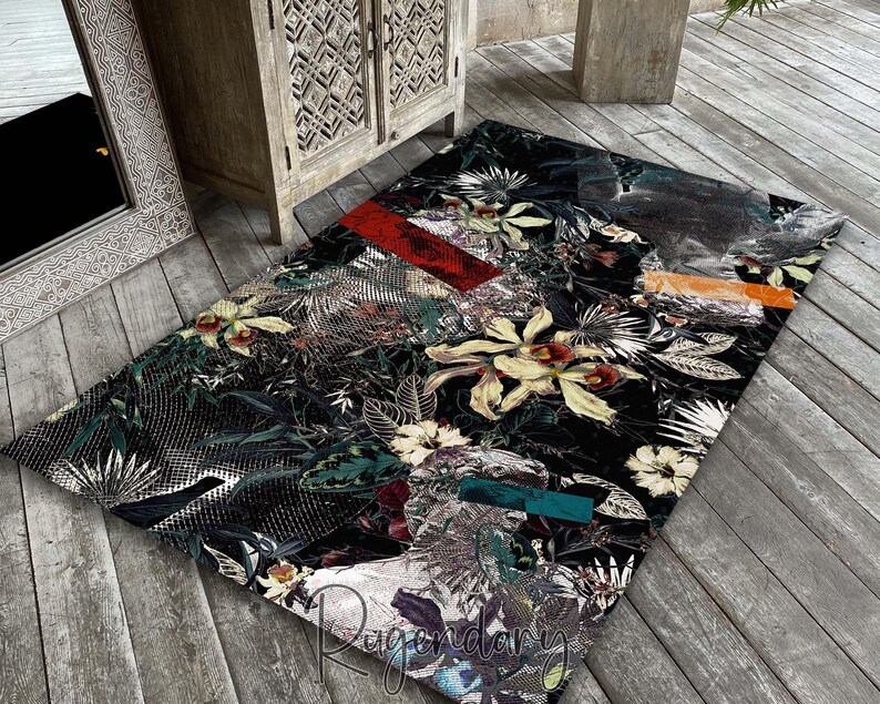 Retro Style Floral Rug, Abstract Carpet, Living Room Mat, Leaf Decor, Flowers Rug image 1