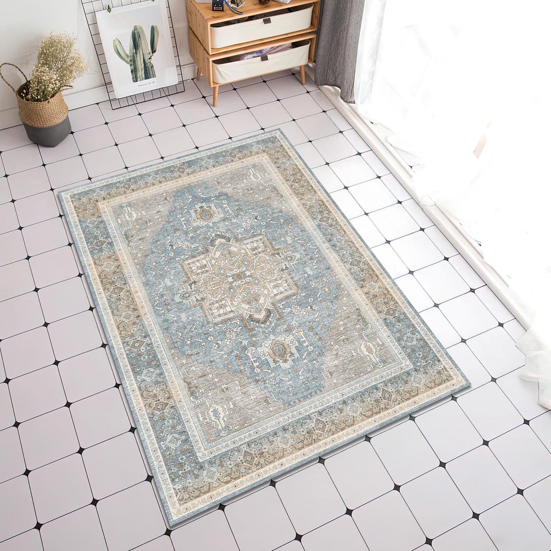 Neutral Farmhouse Rug Brown Blue Bohemian Living Room Carpet - Etsy