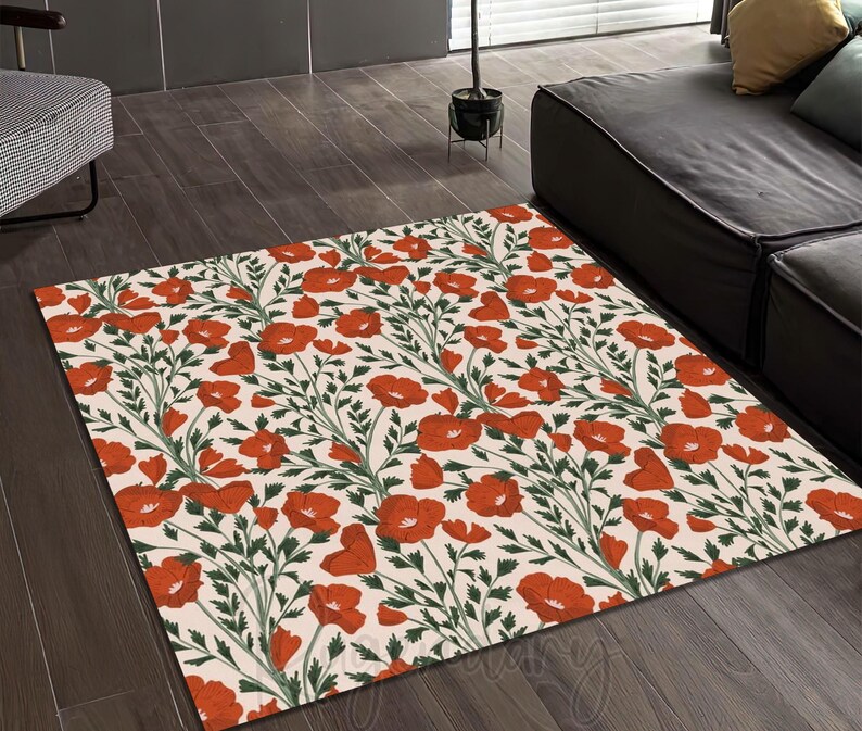 Red Flower Printed Rug, Modern Home Decor, Floral Carpet, Living Room ...