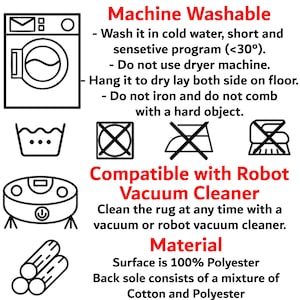 instructions for washing and maintaining a machine, as well as information about a compatible vacuum cleaner and a material.