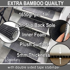The image is an advertisement for a non-slip bamboo stair mat. It features a close-up of the mat's non-slip back sole, inner foam plush surface, and 5mm thickness. The mat is described as having double sided tape stabilizer, which provides extra support and prevents slipping. The ad emphasizes the mat's extra quality and safety features.