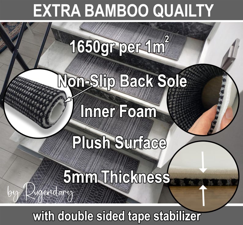The image is an advertisement for a non-slip bamboo stair mat. It features a close-up of the mat's non-slip back sole, inner foam plush surface, and 5mm thickness. The mat is described as having double sided tape stabilizer, which provides extra support and prevents slipping. The ad emphasizes the mat's extra quality and safety features.