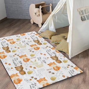 Watercolor Forest Rug, Cute Fox, Rabbit, Animal Pattern Rug, Nursery Carpet, Baby Room Rug, Forest Animal Mat, Baby Shower Decor