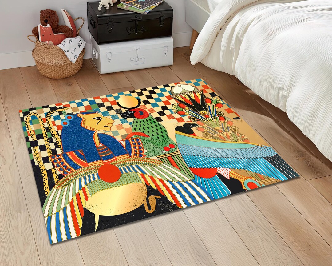 Egyptian Mythology Rug Ancient Art Carpet Colorful Pharaoh and Goddess ...