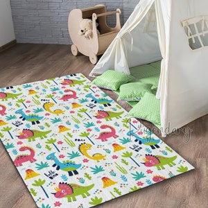 Cute Dinosaurs Rug for Children Room, Soft Plush Baby Mat, Nursery Carpet, Kids Dinosaur Decor, Colorful Baby Room Carpet