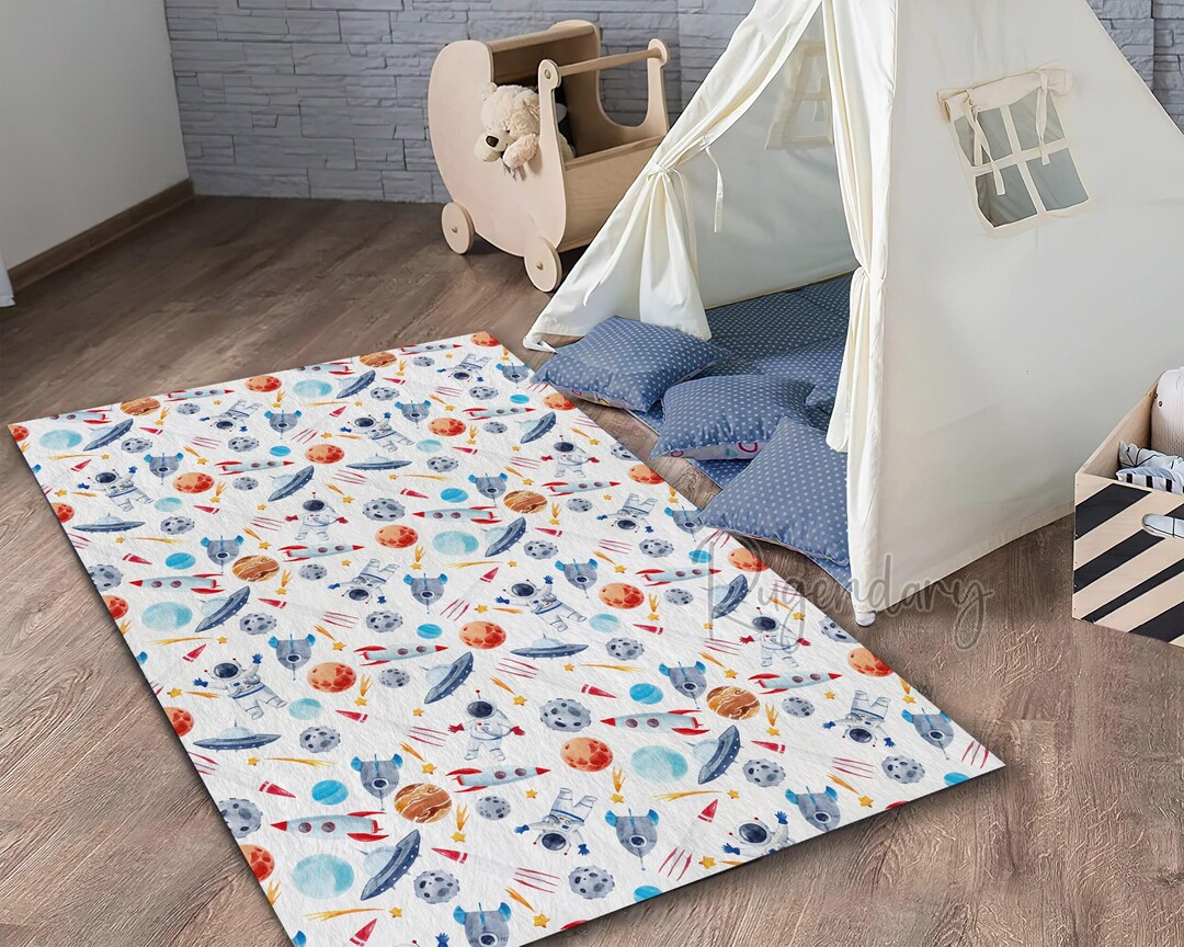 Moon Rover Play Rug Space Themed Nursery Rug: Planets, UFO, Spacecraft Kids Decor - Etsy
