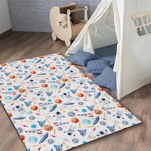 Space Themed Nursery Rug, Spacecraft, UFO, Sun, Planets, Decorative Children Room Carpet, Kids Space Decor