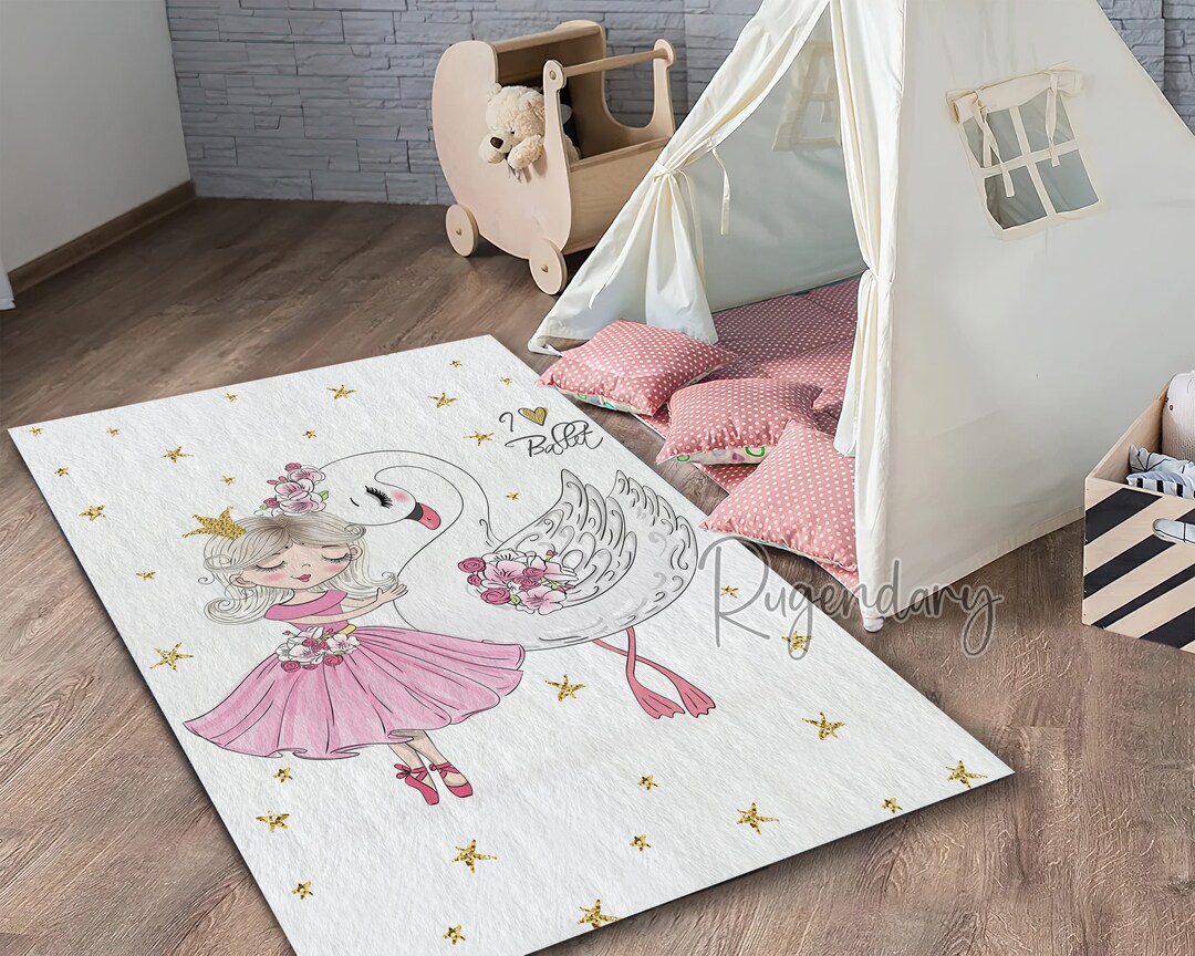 Sweet Princess With Swan Themed Pink Nursery Rug, Girl Room Nonslip ...