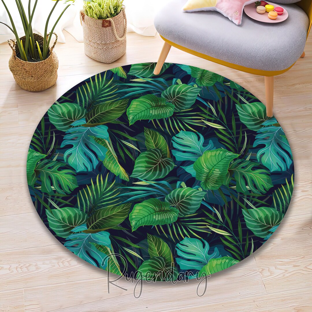 Exotic Green Leaves Rug, Hawaiian Carpet Decor, Tropical Mat, Summer